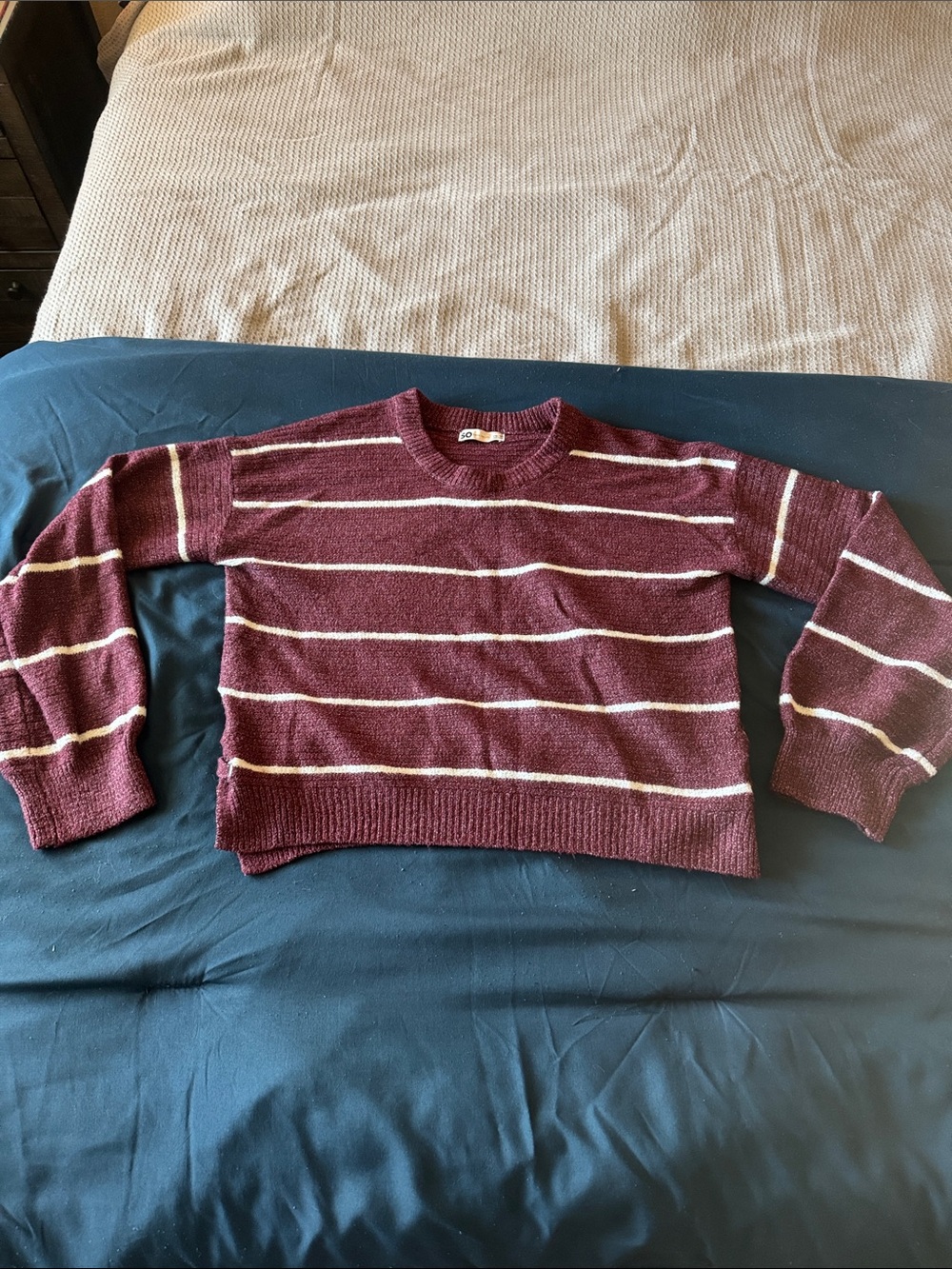 SO Burgundy Sweater with Cream Stripe - excellent preowned condition!